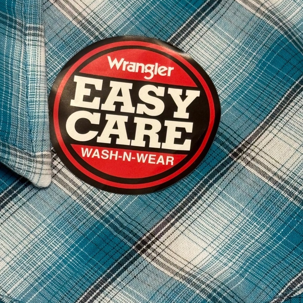 Wrangler Western Shirt Mens 2XL Big Teal Blue Plaid Pearl Snap Short Sleeve NEW - Picture 5 of 9